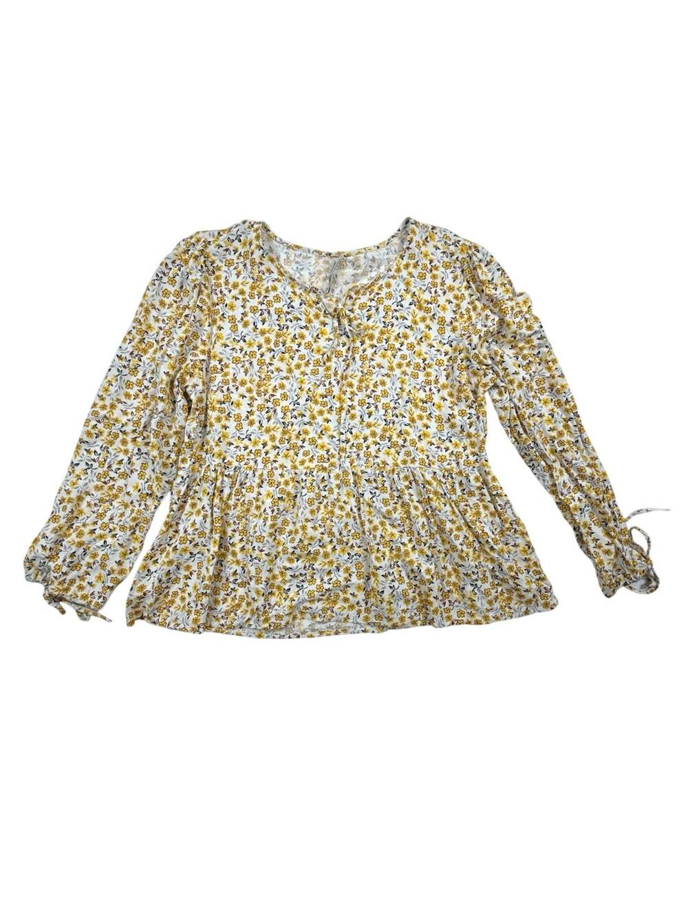 Lee Cooper London Yellow Floral Peplum Blouse with Tie Neck and Cuffed Sleeves X
